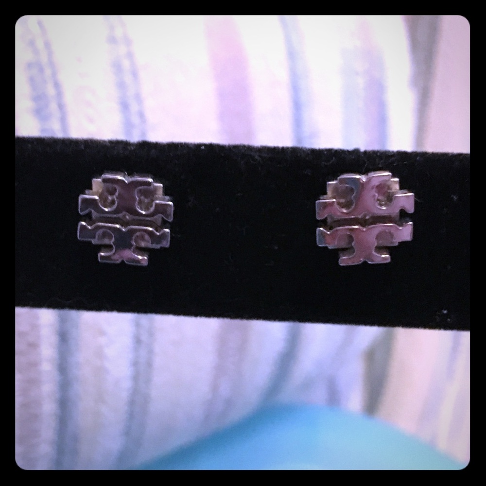 Tory Burch silver tone logo stud earrings, EUC